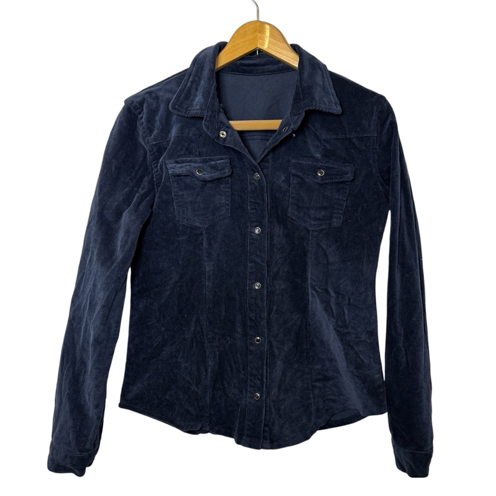 Kellan Womens Fitted Corduroy Button-Up Shirt Jacket Navy Blue Western